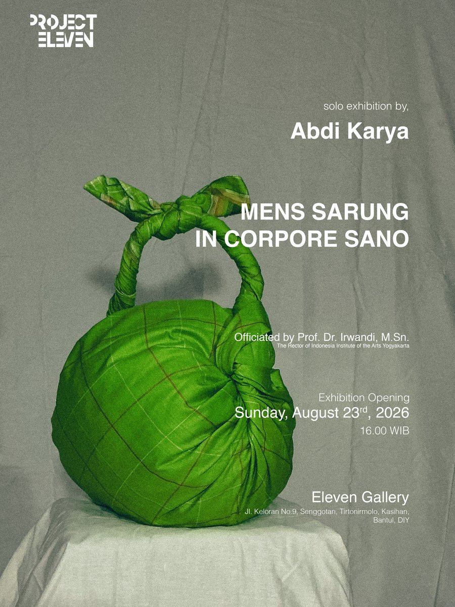 Mens Sarung in Corpore Sano — exhibition poster showing a green sarong bundled and knotted like a bag